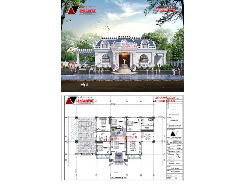 Mặt bằng nhà tân cổ gam màu trắng sang trọng