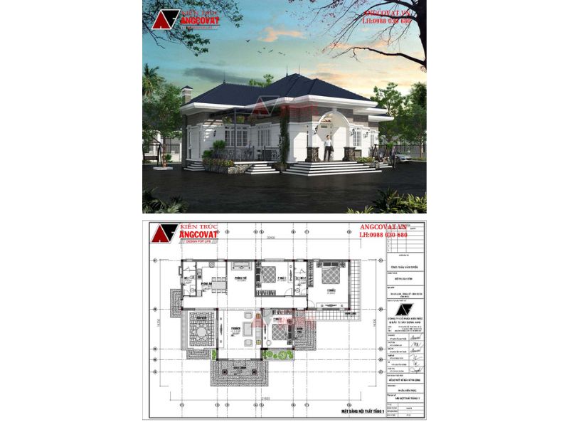 Mặt bằng biệt thự 1 tầng tân cổ 200m2