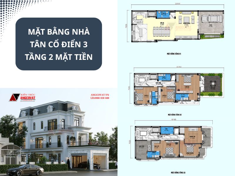 Bản vẽ mặt bằng nhà tân cổ điển 3 tầng 2 mặt tiền 5 phòng ngủ 1 phòng thờ có gara để xe tiện lợi 