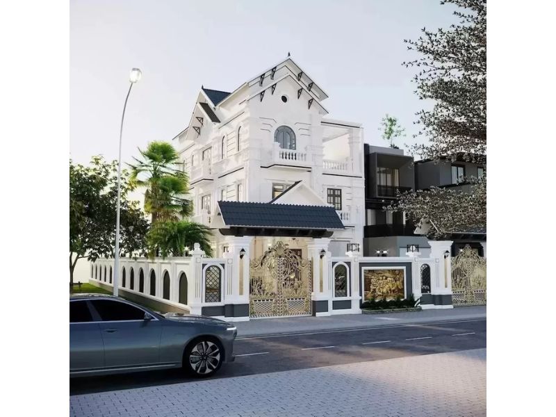 Nhà tân cổ điển 8x15m mái Thái 3 tầng với đường nét phào chỉ thanh thoát kết hợp gam màu trắng nổi bật 