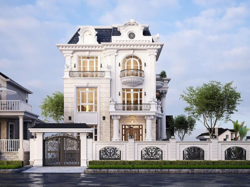 Ngoại thất sang trọng, bề thế của mẫu nhà 3 tầng 2 mặt tiền tân cổ mái Mansard