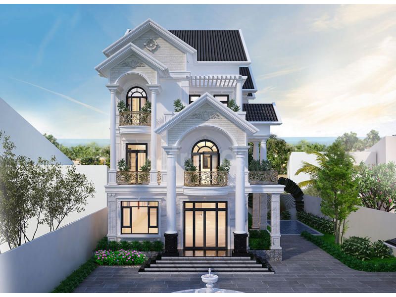 Thiết kế nhà 3 tầng tân cổ với 2 sảnh hiên rộng thoáng 