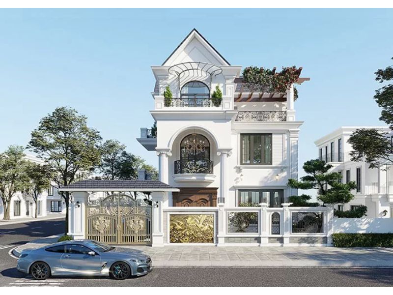 Thiết kế nhà tân cổ điển 3 tầng 8x15m có sân thượng và khoảng sân nhà thoáng đãng 