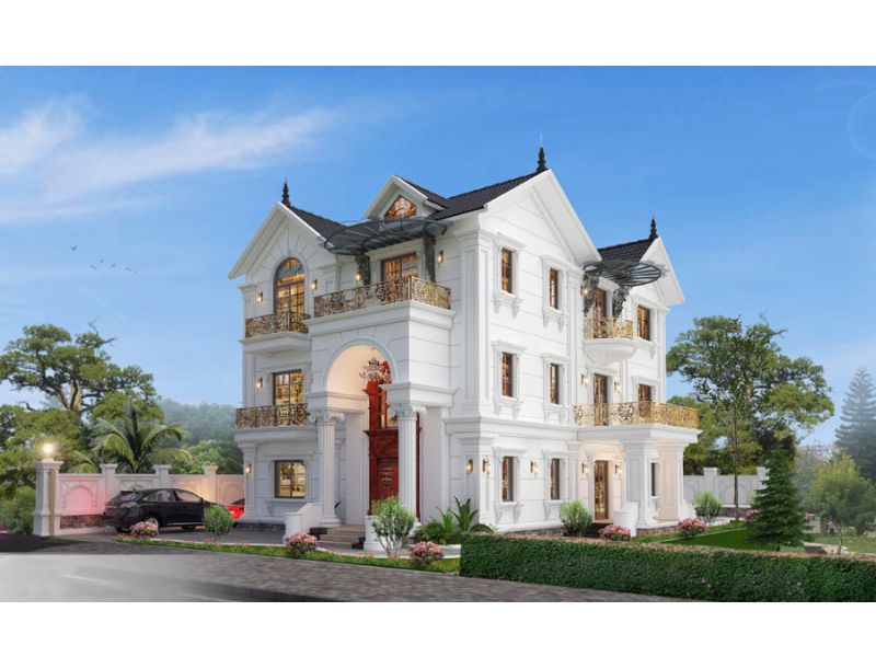 Hình khối kiến trúc đồ sộ trong mẫu nhà 3 tầng tân cổ 2 mặt tiền 11x14m 