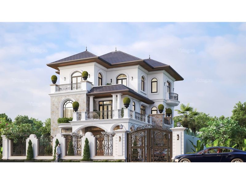 Đường nét hoa văn tinh gọn trong mẫu nhà tân cổ điển 3 tầng 2 mặt tiền mái Nhật 