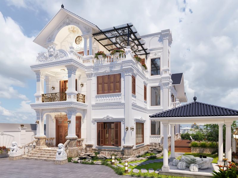 Mẫu nhà 3 tầng tân cổ điển mái Thái kết hợp sân vườn thẩm mỹ 