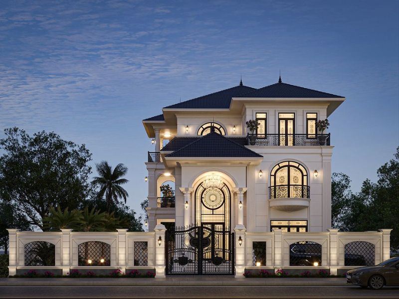 2 mặt tiền sảnh thiết kế rộng với trụ cột và mái hiên lớn tạo cảm giác quyền quý, sang trọng cho mẫu nhà 3 tầng tân cổ điển 