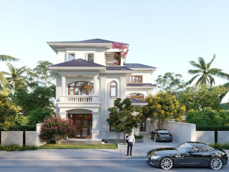 Mặt tiền 12m của mẫu nhà 3 tầng tân cổ điển  thiết kế giật cấp độc đáo và dễ dàng đón sáng, đón gió tự nhiên 