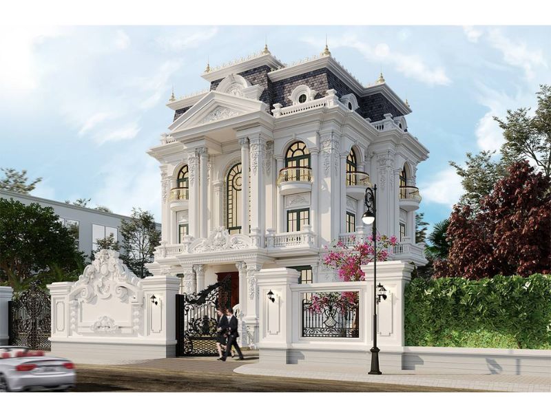 Mẫu nhà tân cổ điển 3 tầng 2 mặt tiền đẳng cấp với hệ tường rào thiết kế đồng bộ 