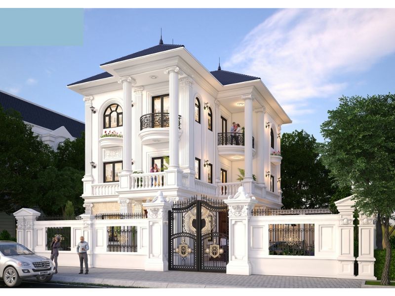 Thiết kế nhà 3 tầng tân cổ mái Nhật 10x12m có ban cộng rộng thoáng 