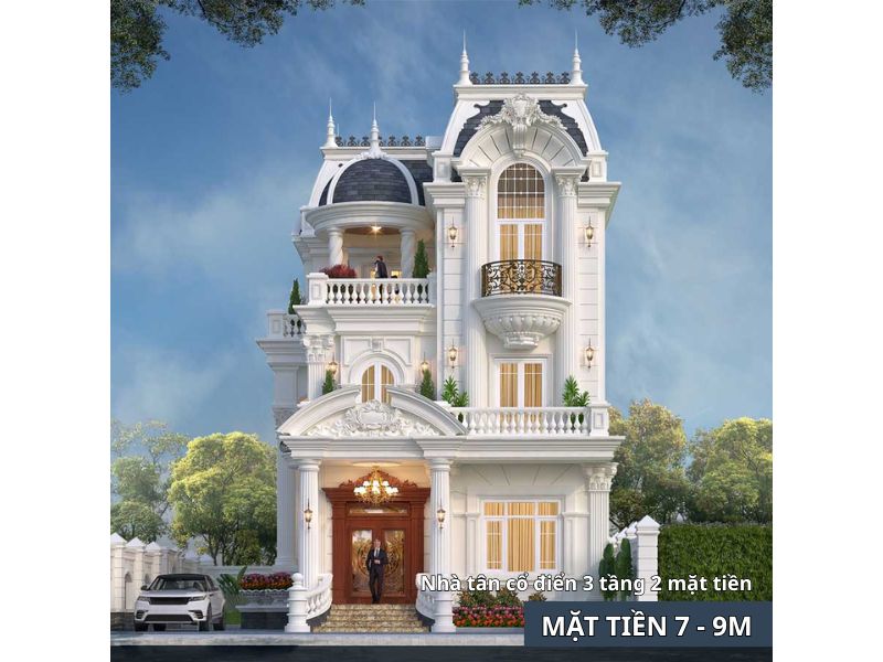 Hệ trụ cột vững chãi, bề thế trong mẫu nhà tân cổ điển 3 tầng 