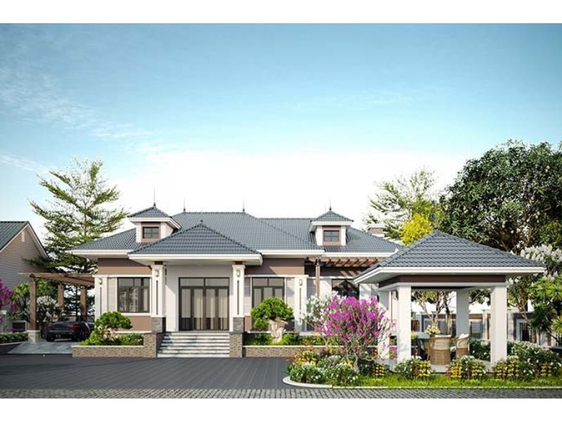 Nhà vườn 1 tầng có chòi nghỉ ở sân vườn
