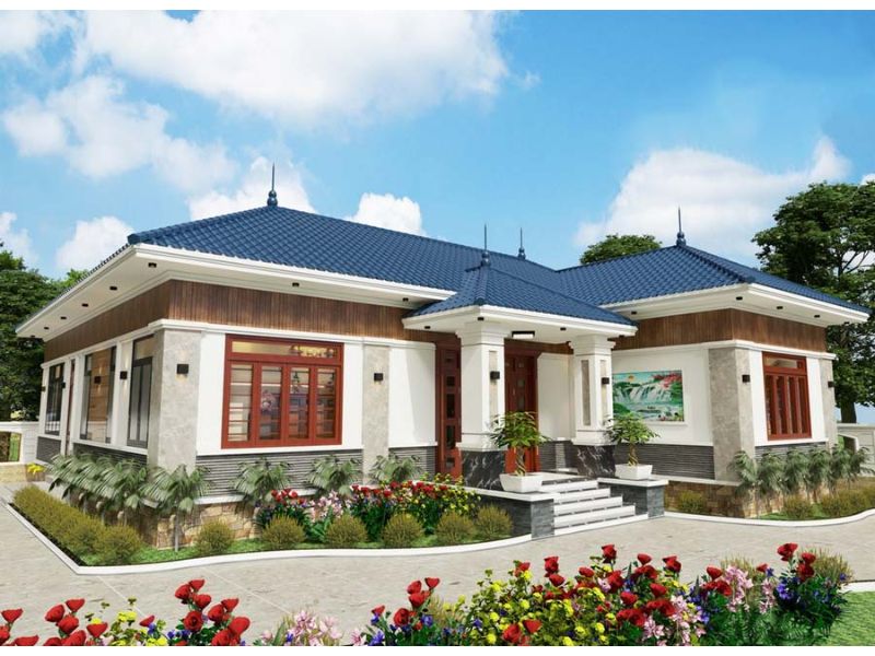 Mẫu nhà cấp 4 chữ L với sân vườn xung quanh tăng không gian thoáng đãng, xanh mát