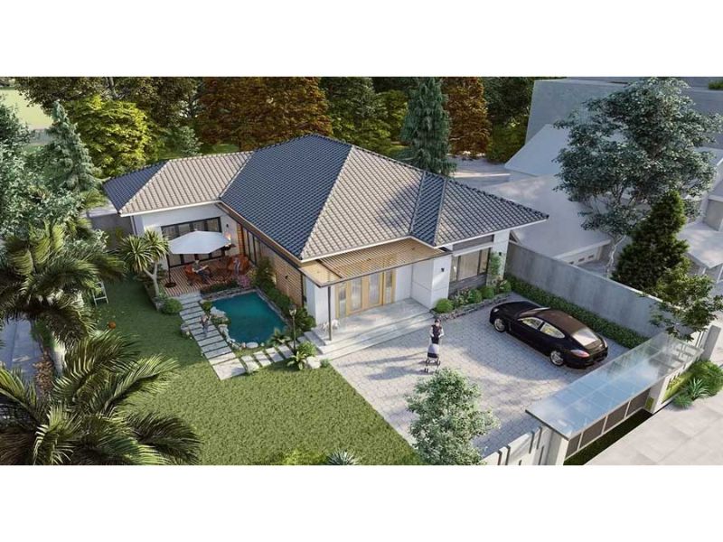 Thiết kế nhà cấp 4 chữ L có bể bơi và sân vườn rộng 