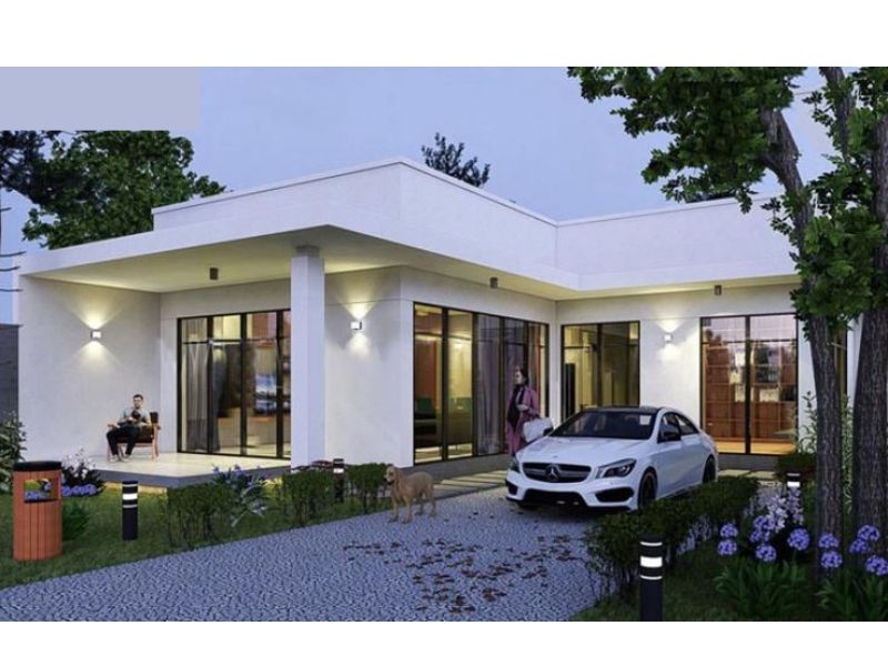 Mẫu nhà cấp 4 sân vườn chữ L mái bằng hiện đại, không gian mở thoáng đãng