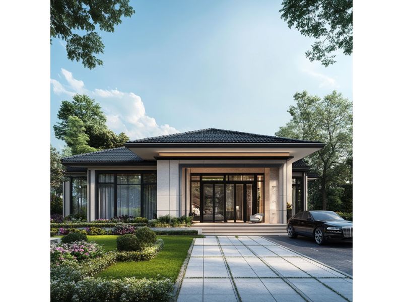 Nhà vườn cấp 4 chữ L thiết kế các vách kính lớn tăng tính hiện đại và tối ưu ánh sáng
