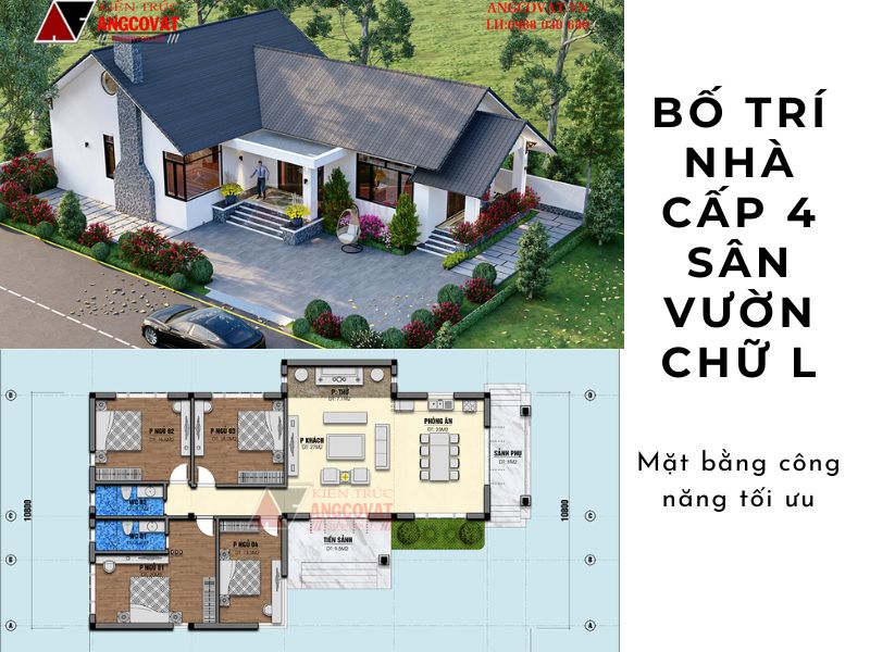 Bản vẽ mặt bằng nhà vườn cấp 4 chữ L khoa học, tiện nghi 