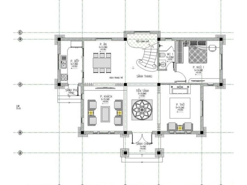 Bản vẽ mặt bằng tầng 1 mẫu nhà biệt thự 3 tầng mái thái 4 phòng ngủ