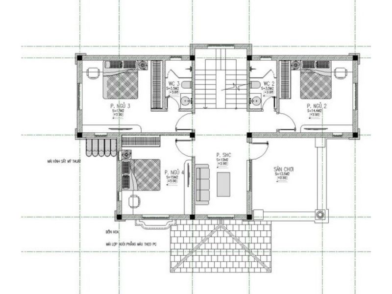 Bản vẽ mặt bằng tầng 2 mẫu nhà biệt thự 3 tầng mái thái 4 phòng ngủ