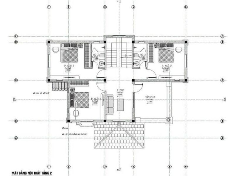 Bản vẽ mặt bằng tầng 2 mẫu nhà biệt thự 3 tầng mái thái 15x10m