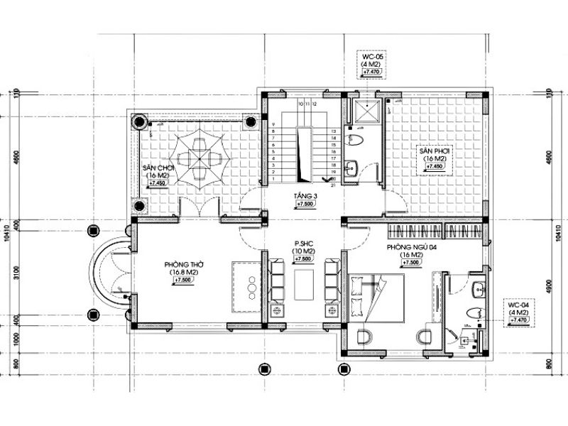 Bản vẽ mặt bằng tầng 3 mẫu nhà biệt thự 3 tầng mái thái diện tích 15x11m