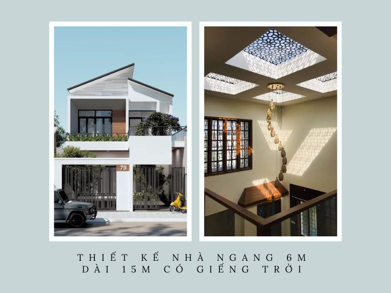 Thiết kế nhà mái lệch 2 tầng ngang 6m dài 15m ấn tượng có giếng trời