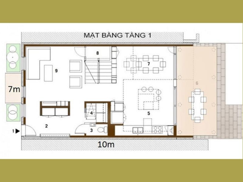 Bản vẽ mặt bằng công năng tầng 1 mẫu nhà vuông 2 tầng 70m2 mái Thái
