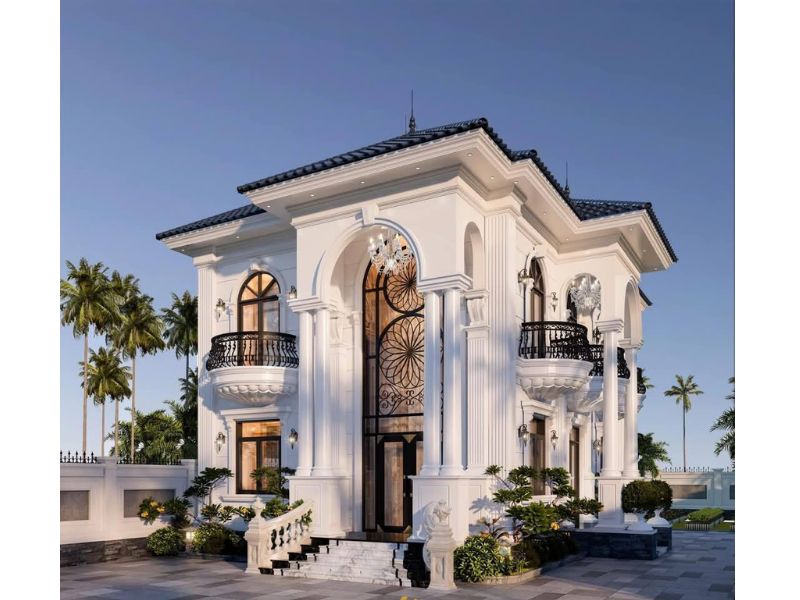 Biệt thự 2 tầng tân cổ điển kiểu Pháp mái Nhật thiết kế hệ trụ cột lớn ở tiền sảnh tạo sự bề thế, vững chãi
