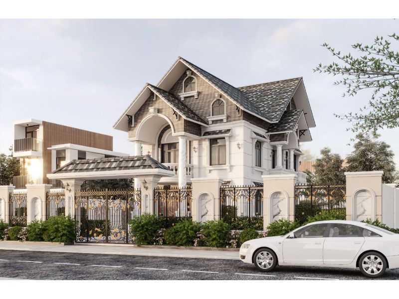 Hệ mái Thái giật cấp tạo điểm nhấn ấn tượng cho mẫu biệt thự 2 tầng tân cổ điển