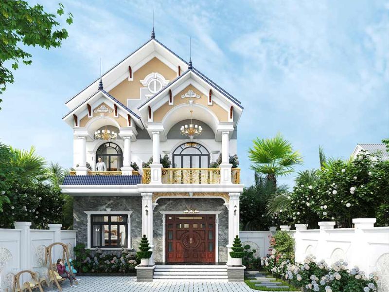 Biệt thự 2 tầng mái Thái thiết kế trụ cột lớn tại tiền sảnh kết hơp nhiều yếu tố trang trí đậm chất Pháp