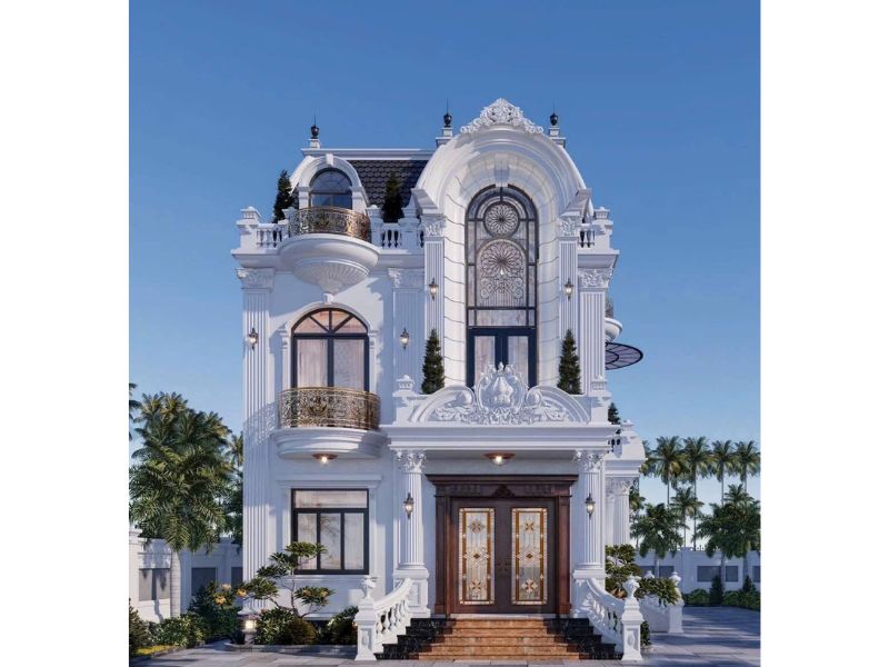 Thiết kế biệt thự 2 tầng 1 tum cổ điển kiểu Pháp với phần tiền sảnh mở rộng bề thế 