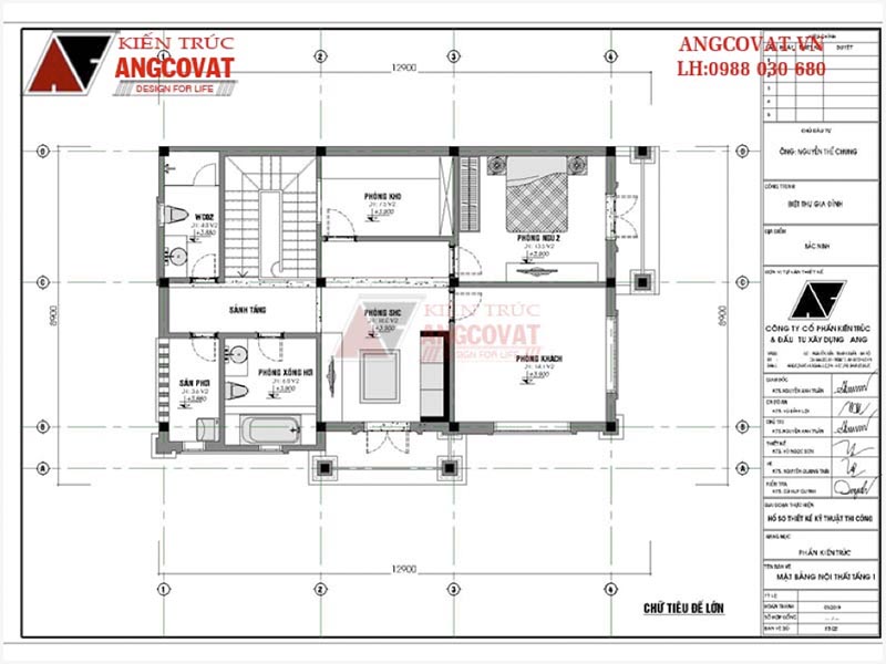 Mặt bằng tầng 2: Bản vẽ thiết kế biệt thự 100m2 2 tầng 2 phòng ngủ mái thái độc đáo