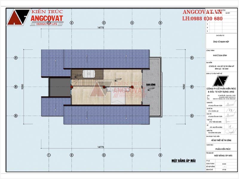 Mặt bằng áp mái: Bản vẽ thiết kế biệt thự 100m2 1 trệt 1 gác mái tại Hà Nam