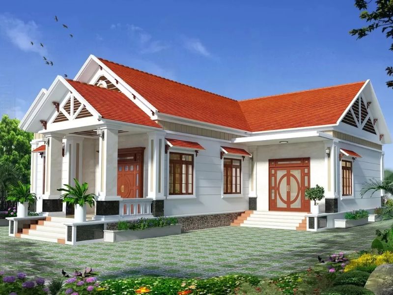Kiểu dáng nhà chữ L 1 tầng 90m2 truyền thống