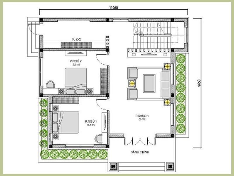 Bản vẽ mặt bằng công năng tầng 1 nhà 2 tầng có bếp riêng mái Thái hiện đại 100m2