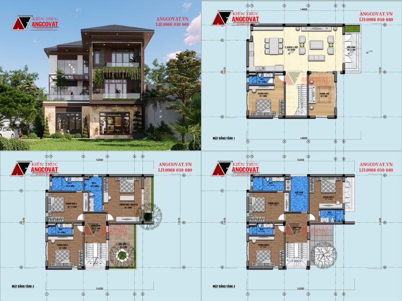 Mặt bằng biệt thự 150m2 7 phòng ngủ 3 tầng