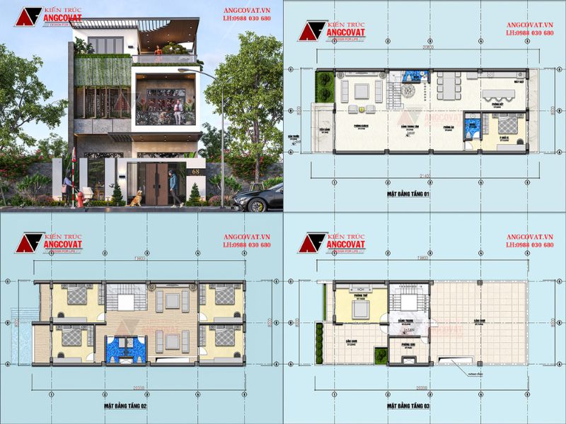 Mặt bằng biệt thự 3 tầng hiện đại 160m2