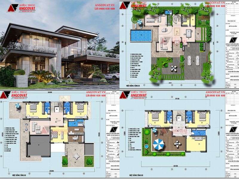Mặt bằng biệt thự 3 tầng 6 phòng ngủ đẳng cấp 300m2