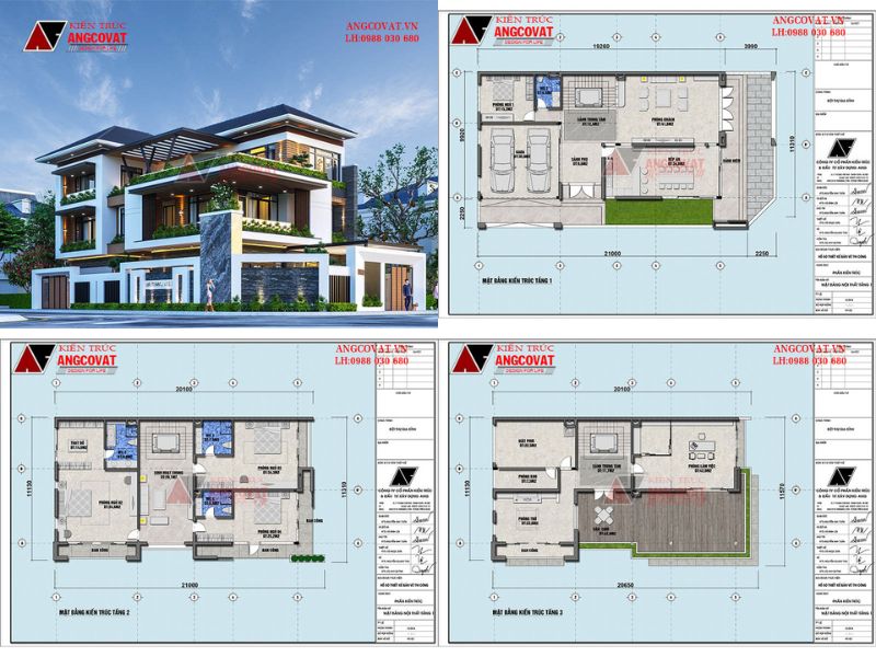Mặt bằng biệt thự 3 tầng hiện đại 200m2