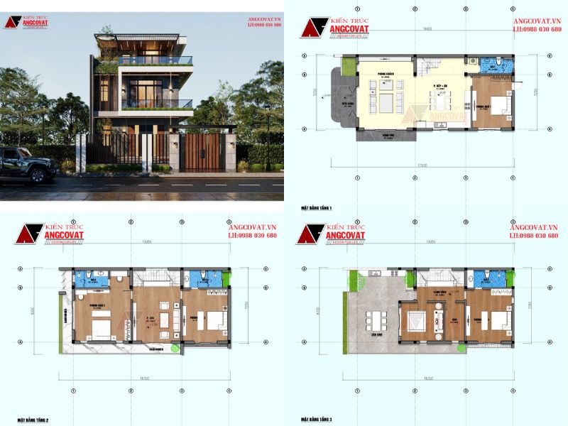 Mặt bằng biệt thự 3 tầng 7x15m