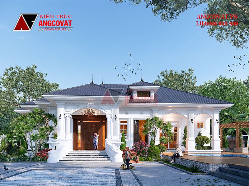 Nhà 1 tầng Tân cổ điển mái Nhật có bể bơi