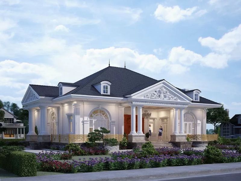 Kiến trúc nhà 1 tầng mặt tiền 9m tân cổ điển