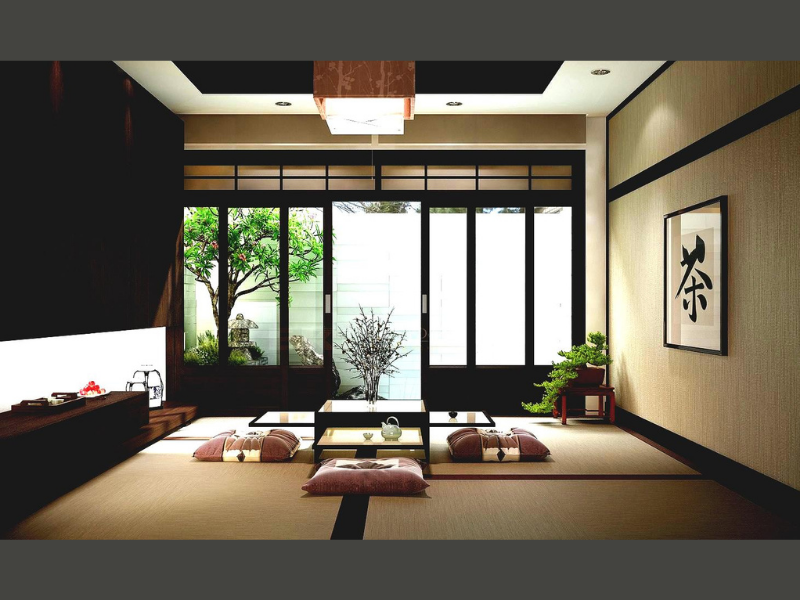 Nội thất nhà theo phong cách Nhật Bản luôn sử dụng các tấm vách bằng kính hay mảng tường ốp gỗ mộc tự nhiên