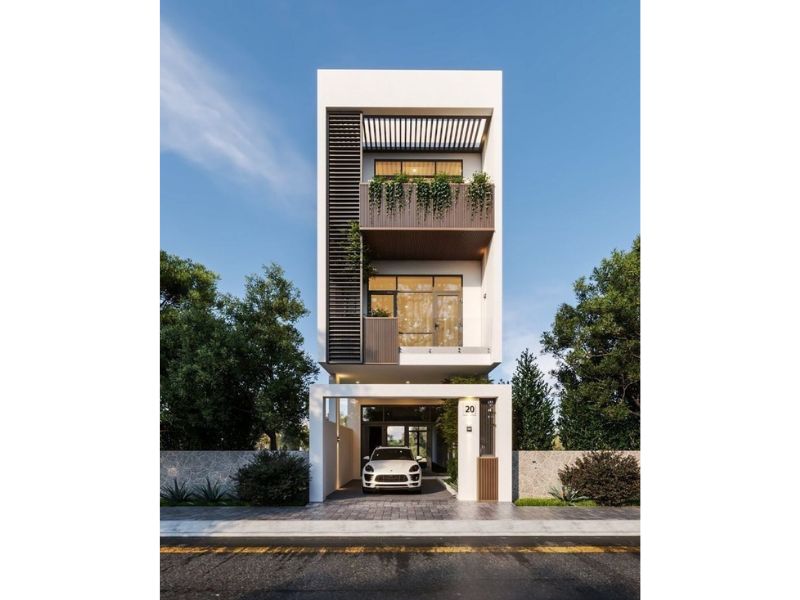 Nhà 3 tầng có khoảng sân rộng để làm gara