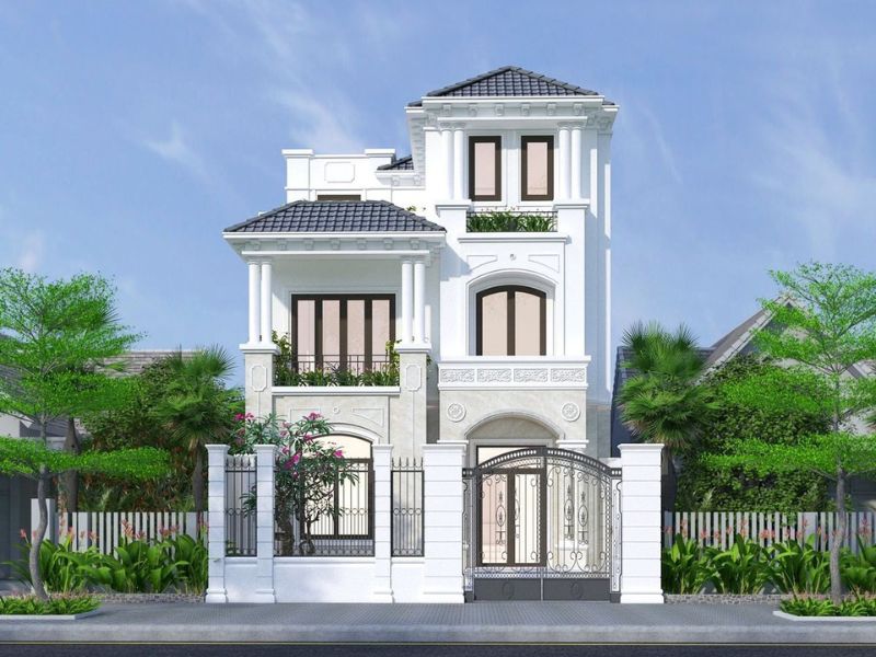 Biệt thự 3 tầng mái Nhật gam màu trắng đẹp mắt