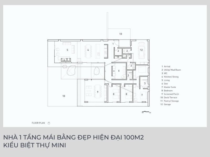 Bản vẽ tổng thể nhà 1 tầng mái bằng đẹp hiện đại 100m2 kiểu biệt thự mini