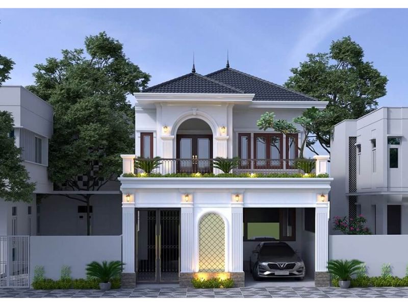 Không gian biệt thự mái Nhật 2 tầng có gara