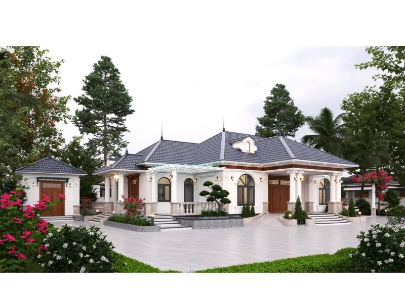 Xây nhà cấp 4 mái Nhật cao ráo kết hợp phào chỉ thanh thoát với sân trước rộng rãi 