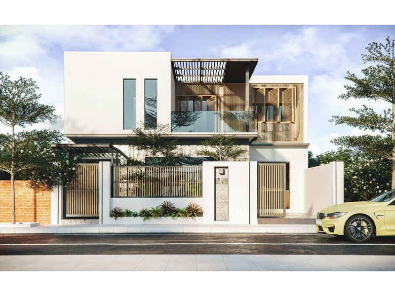 Nhà 2 tầng mái bằng gam màu trắng hiện đại