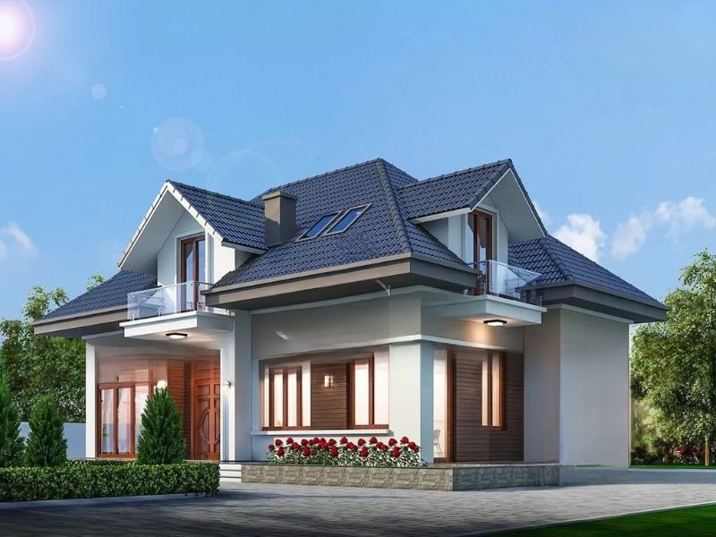 Mẫu nhà 1.5 tầng hiện đại hệ mái Nhật xanh